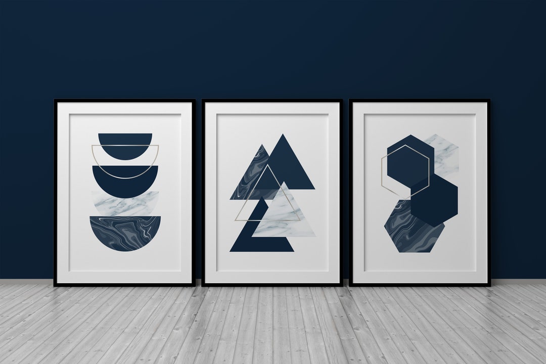 Blue Geometric Wall Art Prints, Set of 3 Prints, Navy Blue Lounge Decor