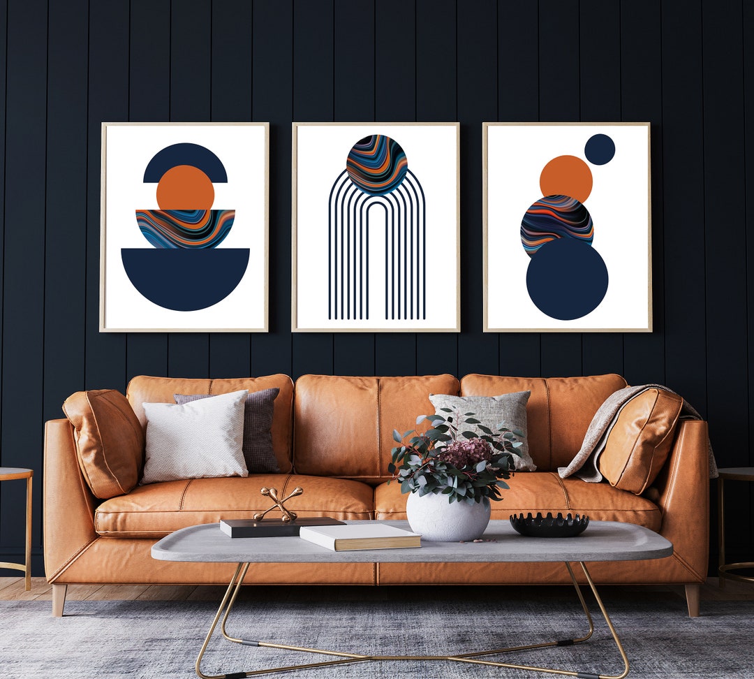 Set of 3 Prints, Navy Blue & Orange Wall Art, Mid Century Modern