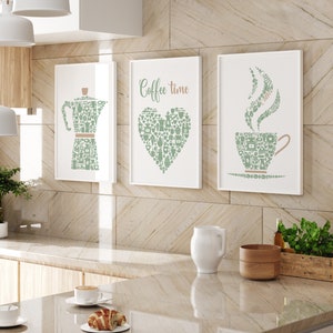Kitchen Wall Art Prints, Green Kitchen Decor, Set Of 3 Posters, Coffee Print, Green Dining Room Pictures, Coffee Lovers Gift, Modern Kitchen