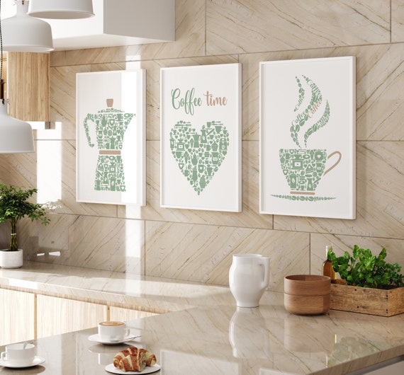Kitchen Wall Art Prints, Green Kitchen Decor, Set Of 3 Posters, Coffee Print, Green Dining Room Pictures, Coffee Lovers Gift, Modern Kitchen