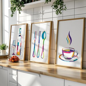 Colourful Kitchen Art Prints: Abstract Coffee, Wine, Cutlery - Set of 3