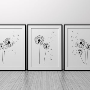 Black & White Wall Art Prints, Set Of 3 Prints, Dandelion Flower Pictures, Minimalist Lounge Decor, Bedroom Pictures, Botanical Prints