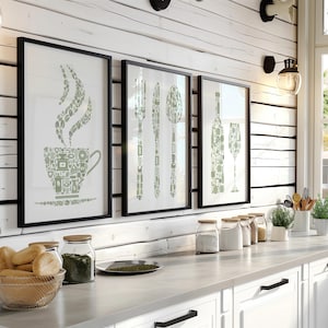 kitchen wall art, set of 3 prints for kitchen or dining room, in a sage green colour palette featuring Cutlery, Coffee cup, Wine glass & bottle