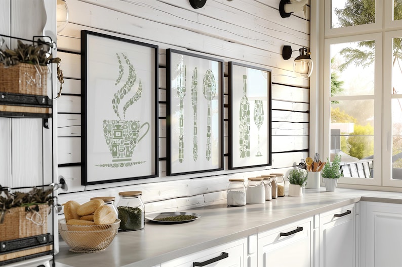 kitchen wall art, set of 3 prints for kitchen or dining room, in a sage green colour palette featuring Cutlery, Coffee cup, Wine glass & bottle