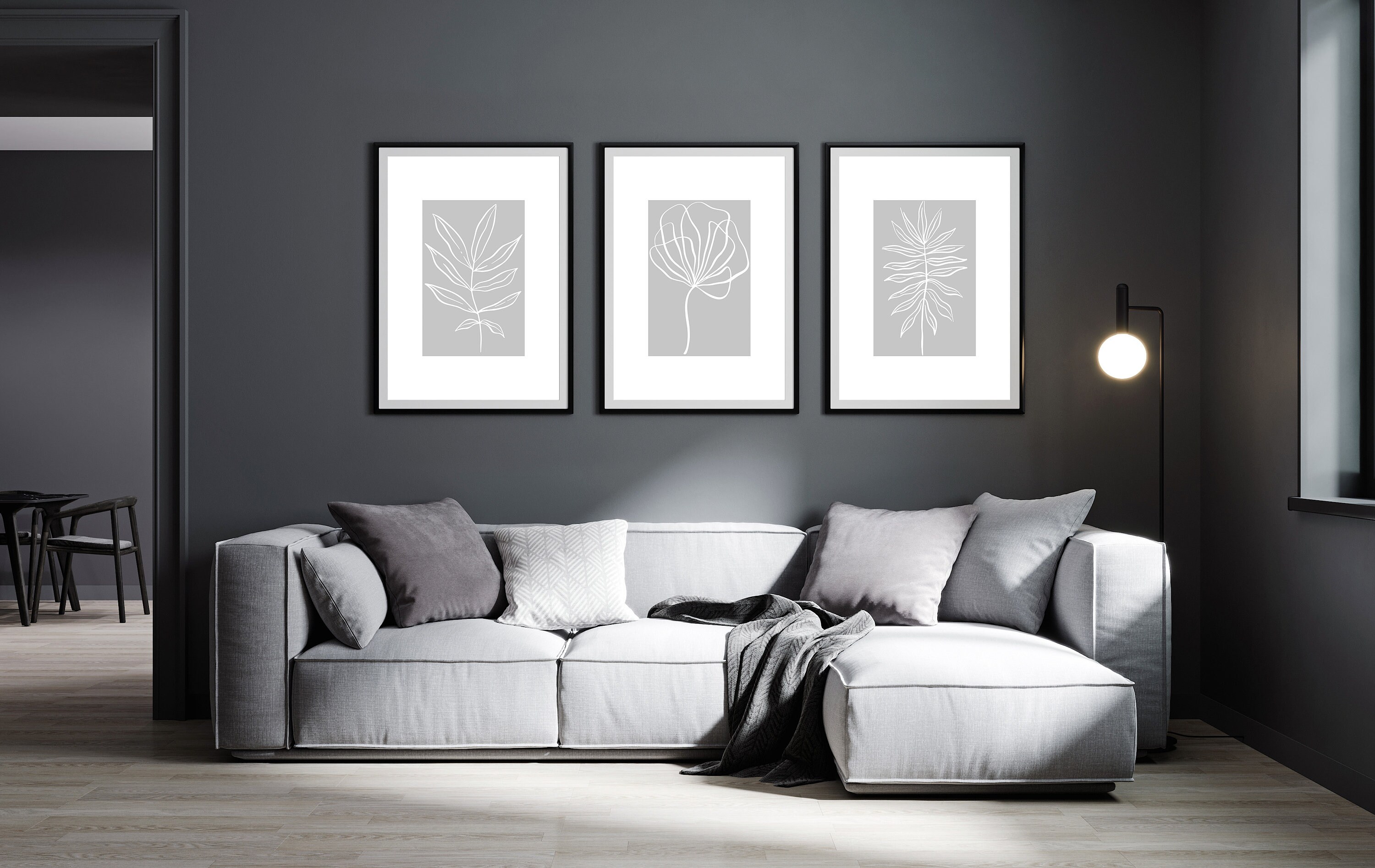 Grey Wall Art Prints Set of 3 Posters Botanical Lounge Etsy UK