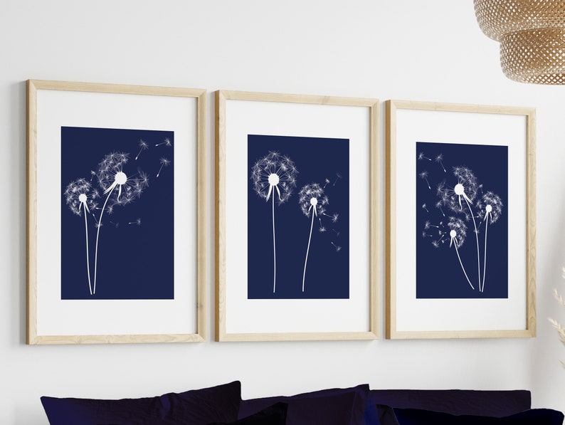 Navy Blue & White Wall Art Prints Set of 3 Prints Dandelion Etsy UK