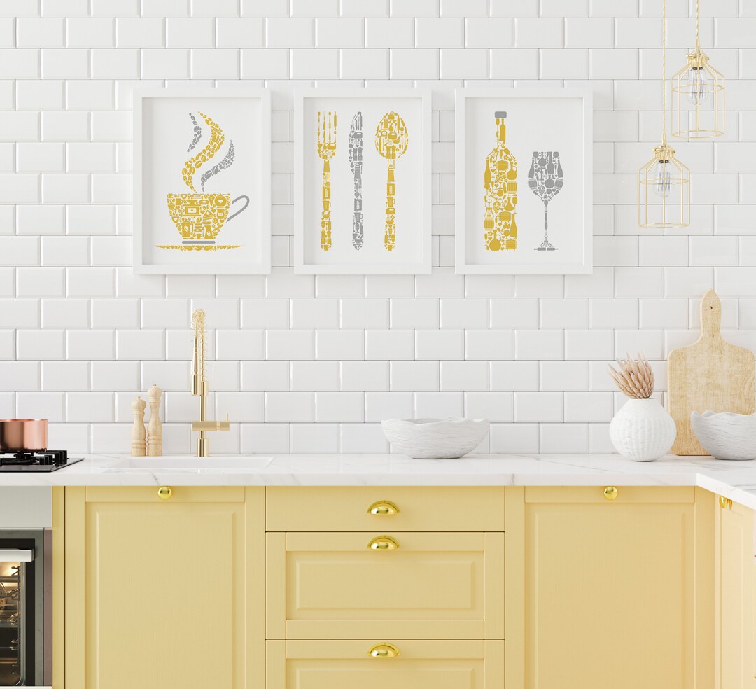Kitchen Wall Art Prints, Set of 3 Posters, Ochre Yellow & Grey Kitchen