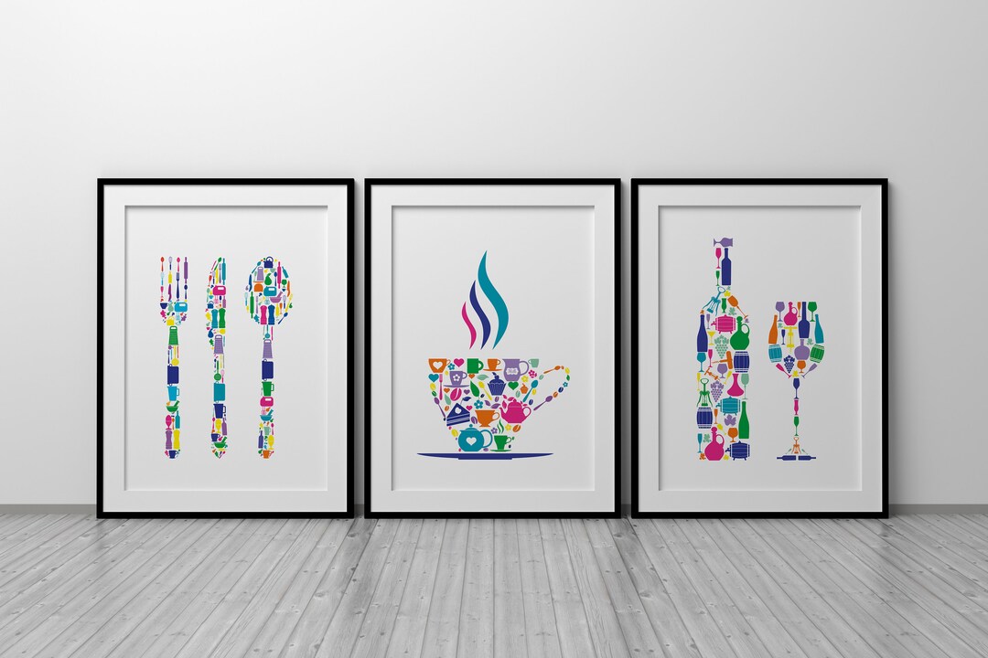 Kitchen Wall Art Prints, Set of 3 Posters, Colourful Kitchen Decor, Abstract Dining Room Decor ...