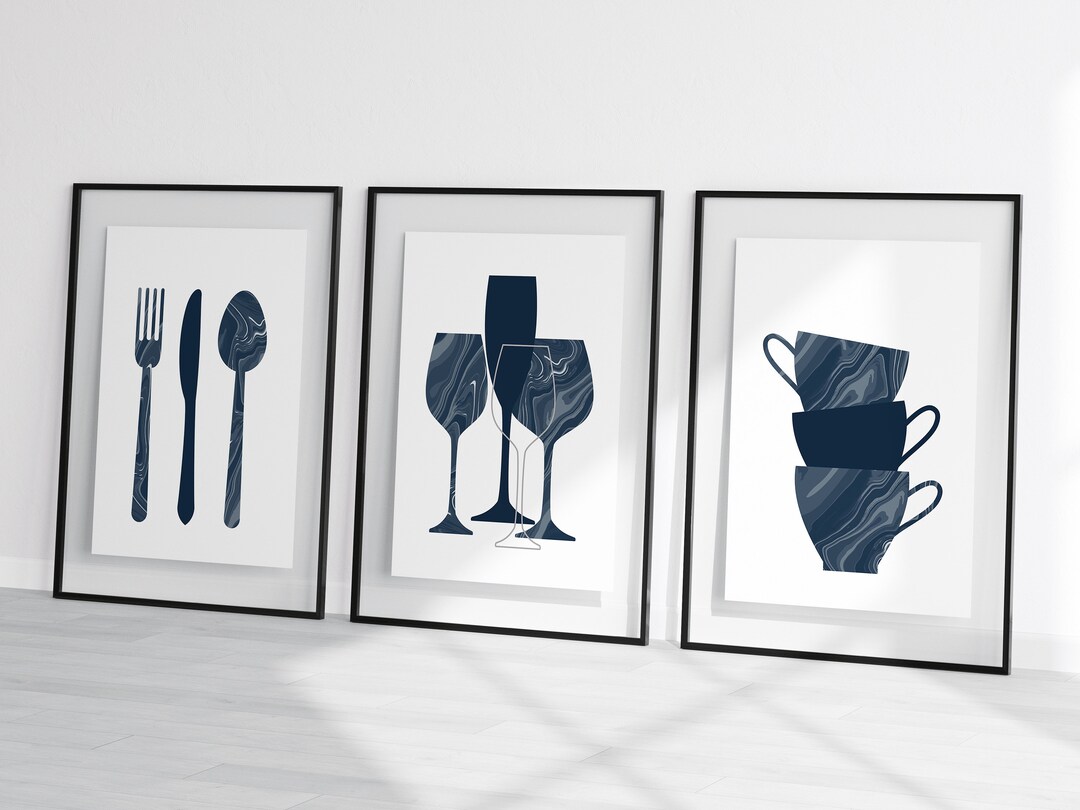Navy Kitchen Wall Art Prints Set of 3 Pictures Navy Blue Etsy