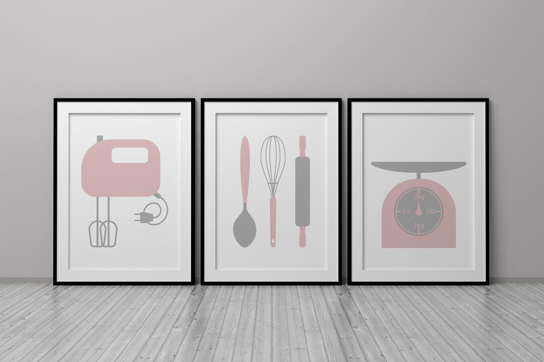 Pink Kitchen Wall Art Prints, Set of 3 Posters, Pink & Grey Kitchen