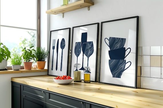Navy Kitchen Prints, Kitchen Wall Art, Set Of 3 Kitchen Prints, Blue Kitchen Print, Prints For Kitchen, Modern Kitchen Artwork