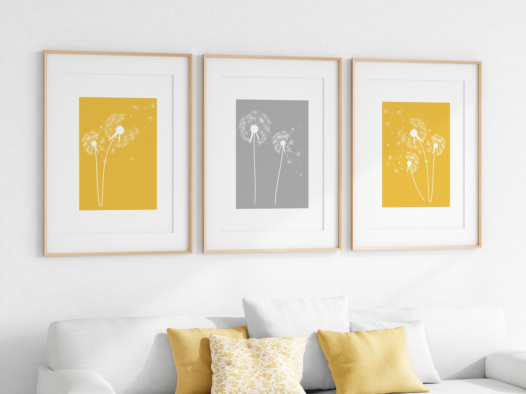 Yellow & Grey Wall Art Prints, Set of 3 Prints, Dandelion Flower ...