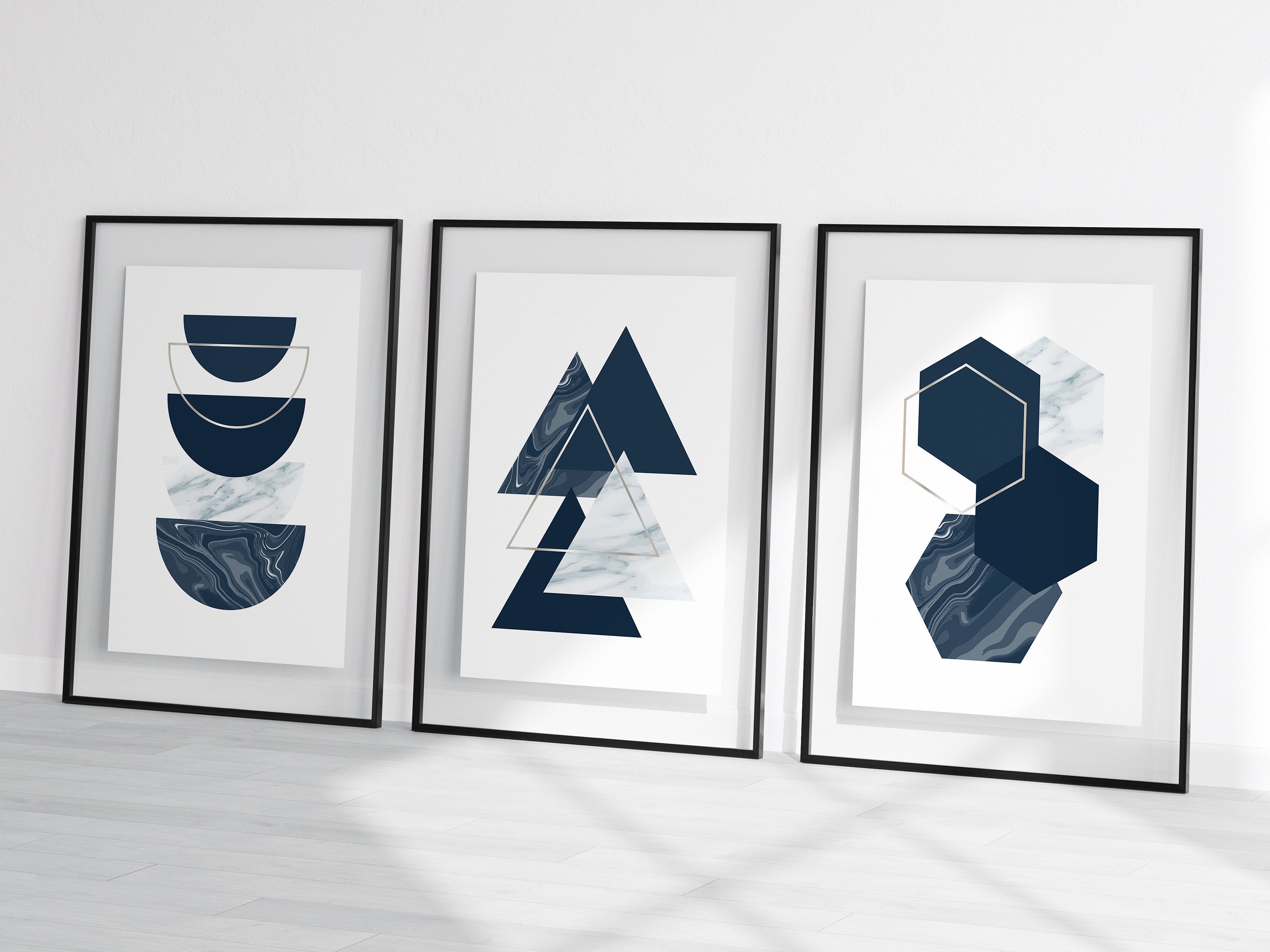 Blue Geometric Wall Art Prints Set of 3 Prints Navy Blue Etsy