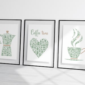 Kitchen Wall Art Prints, Green Kitchen Decor, Set Of 3 Posters, Coffee Print, Green Dining Room Pictures, Coffee Lovers Gift, Modern Kitchen