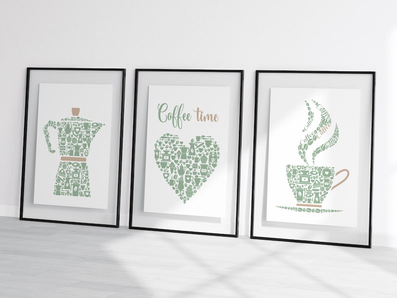 Kitchen Wall Art Prints, Green Kitchen Decor, Set Of 3 Posters, Coffee Print, Green Dining Room Pictures, Coffee Lovers Gift, Modern Kitchen