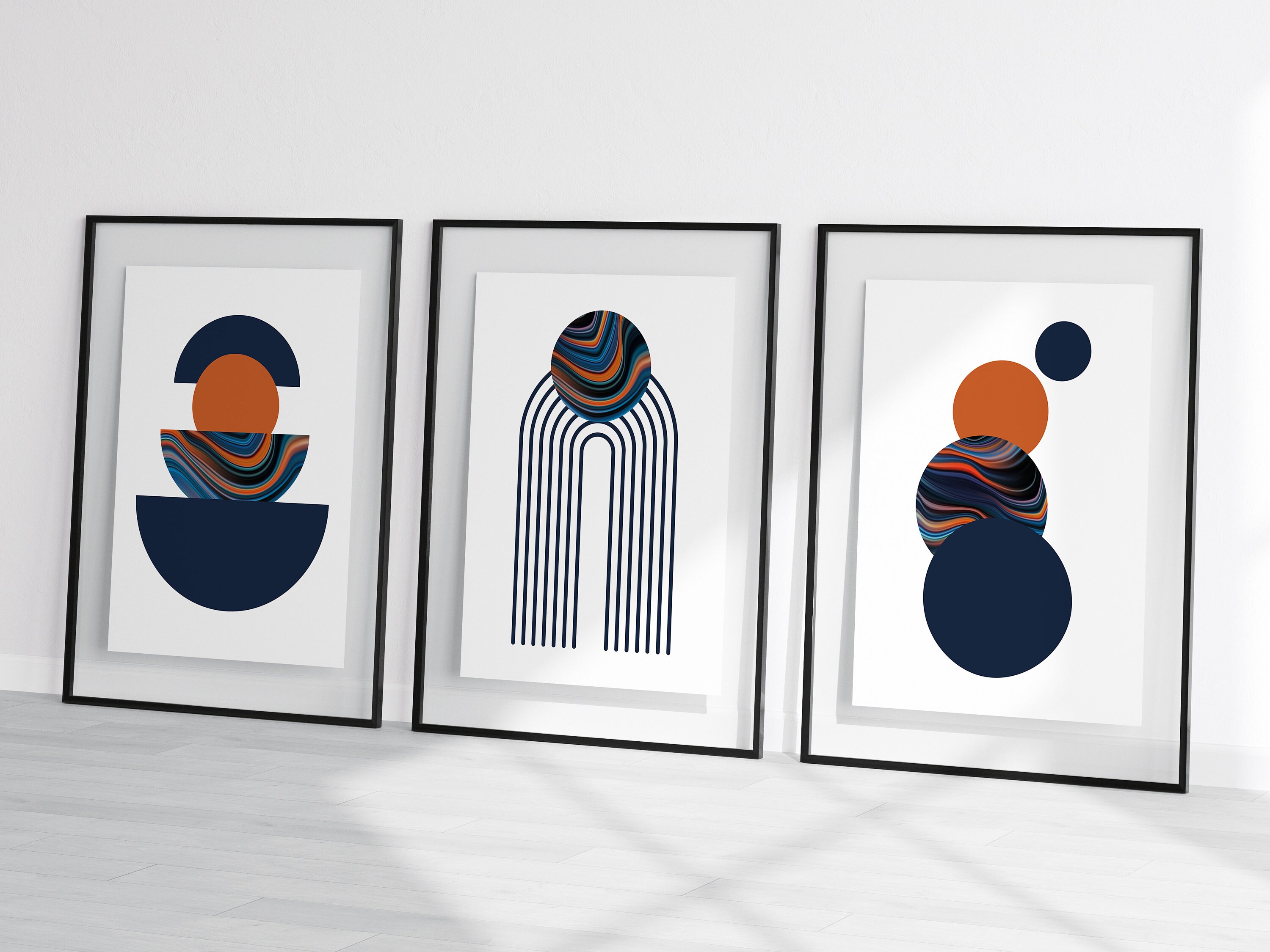 Set of 3 Prints Navy Blue & Orange Wall Art Mid Century Etsy UK