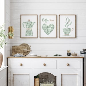 Kitchen Wall Art Prints, Green Kitchen Decor, Set Of 3 Posters, Coffee Print, Green Dining Room Pictures, Coffee Lovers Gift, Modern Kitchen
