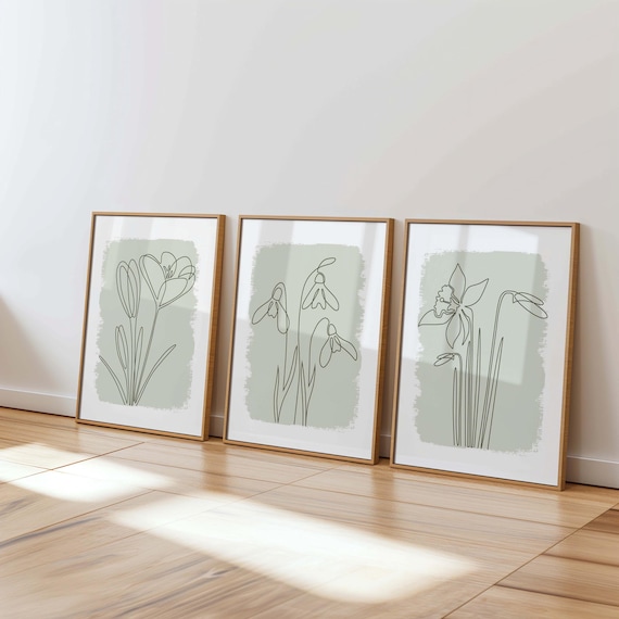 Green Wall Art Prints, Set Of 3 Prints, Sage Green Botanical Art, Line Art Flowers, Modern Art, Green Home Decor