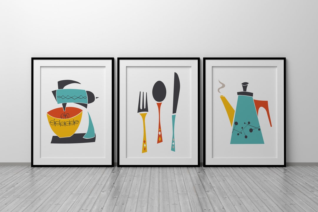 abstract kitchen art prints: modern line drawing set... Retro Kitchen Art Prints: Colourful Mid-century Modern Decor (set of 3 ...