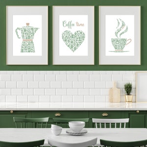 Kitchen Wall Art Prints, Green Kitchen Decor, Set Of 3 Posters, Coffee Print, Green Dining Room Pictures, Coffee Lovers Gift, Modern Kitchen