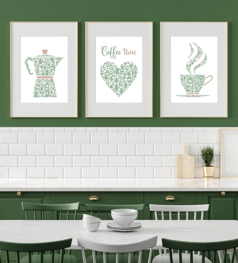 Kitchen Wall Art Prints, Green Kitchen Decor, Set Of 3 Posters, Coffee Print, Green Dining Room Pictures, Coffee Lovers Gift, Modern Kitchen