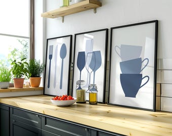 Kitchen Prints Set Of 3 Prints, Dining Room Decor, Blue Wall Art, Food & Drink Prints