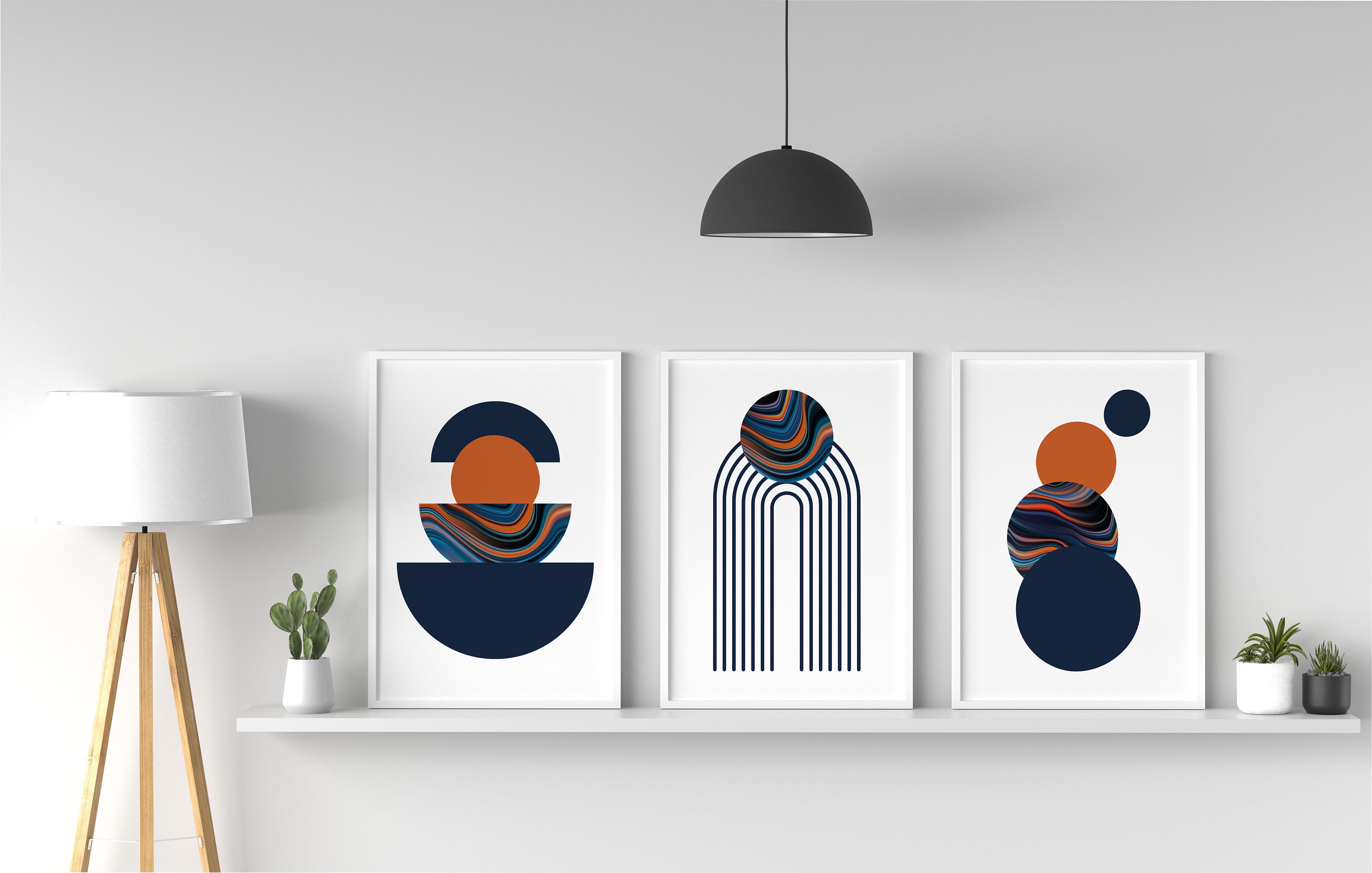 Set of 3 Prints Navy Blue & Orange Wall Art Mid Century Etsy UK