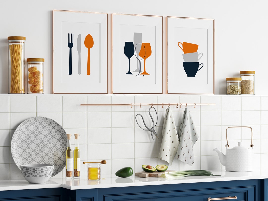 beige kitchen prints, dining room prints, set of 3,... Kitchen Wall Art Prints, Set of 3 Prints, Kitchen Decor, Navy Blue ...