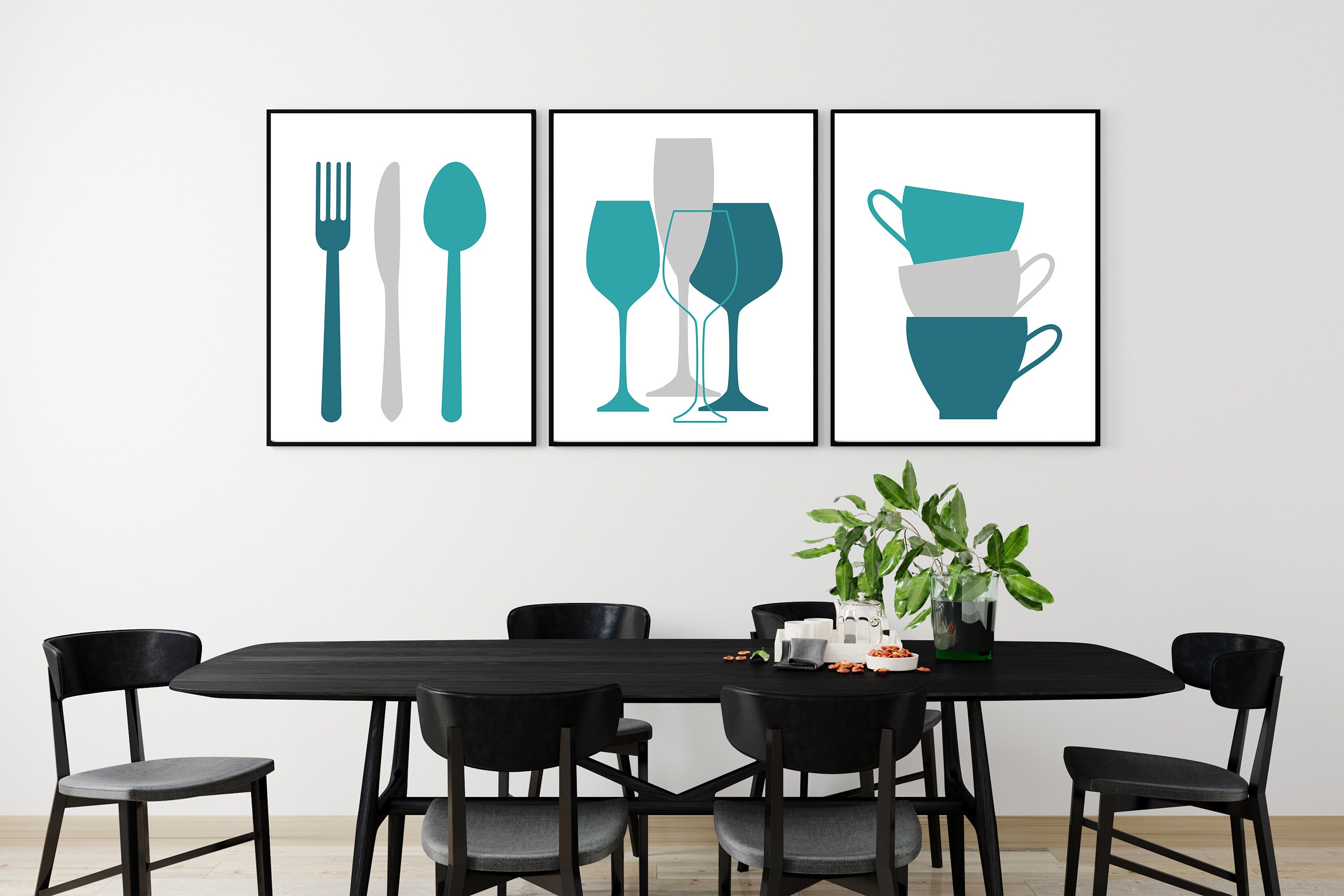 Kitchen Wall Art Prints, Set of 3 Prints, Teal & Grey Kitchen Decor ...