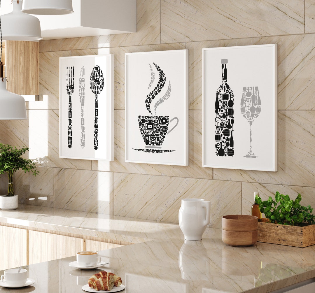 Kitchen Wall Art Prints, Grey & Black Kitchen Prints, Set of 3 Posters