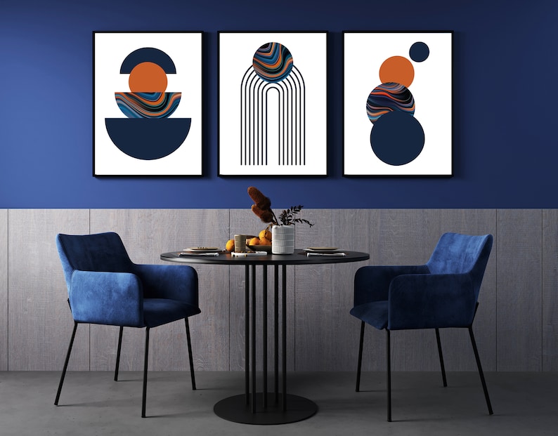 Set of 3 Prints Navy Blue & Orange Wall Art Mid Century Etsy UK