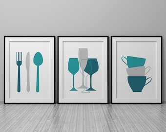 Kitchen Wall Art Prints, Set of 3 Prints, Teal & Grey Kitchen Decor, Abstract Kitchen Utensils, Modern Dining Room Decor, Teal Blue Art