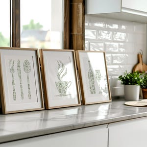 Kitchen Wall Art, Kitchen Prints Set Of 3, Sage Green Print, Green Kitchen Decor, Cutlery, Wine, Coffee, Prints For Kitchen Or Dining Room