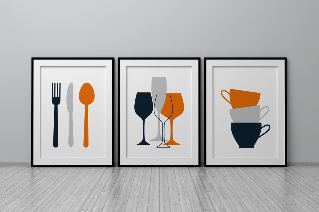 Kitchen Wall Art Prints, Set of 3 Prints, Kitchen Decor, Navy Blue