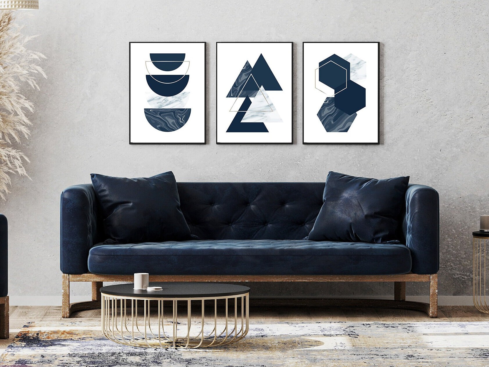 Blue Geometric Wall Art Prints Set of 3 Prints Navy Blue Etsy