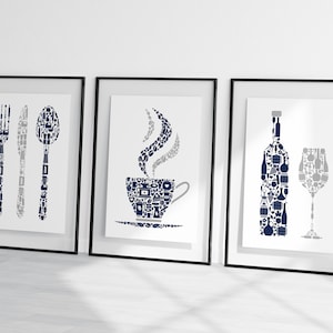 Kitchen Wall Art Prints, Navy Blue & Grey Kitchen Prints, Set Of 3 Posters, Kitchen Decor, Abstract Kitchen Utensils, Navy Dining Room Decor