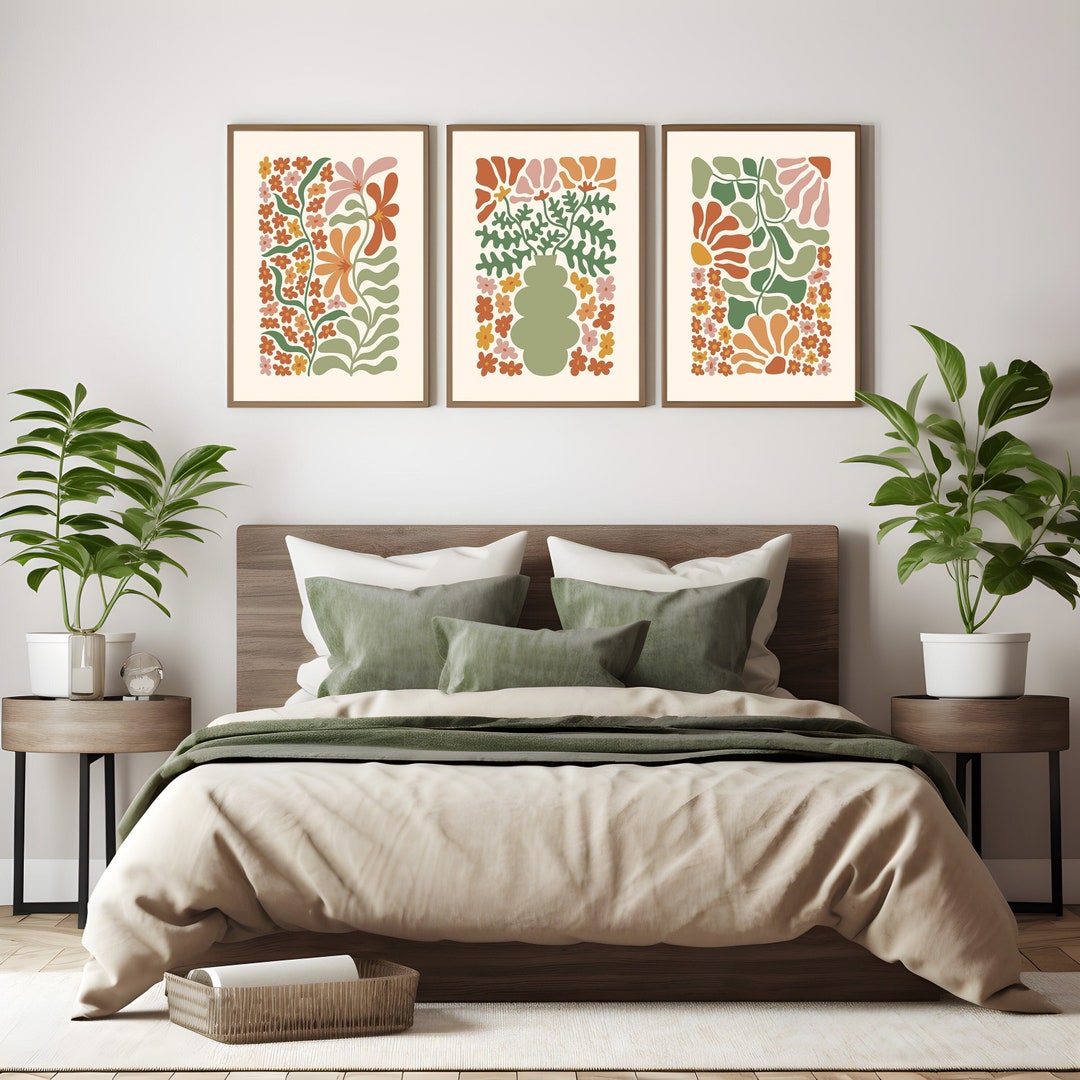 Botanical Wall Art Prints, Set of 3 Posters, Green & Orange Lounge ...