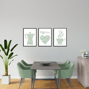 Kitchen Wall Art Prints, Green Kitchen Decor, Set Of 3 Posters, Coffee Print, Green Dining Room Pictures, Coffee Lovers Gift, Modern Kitchen