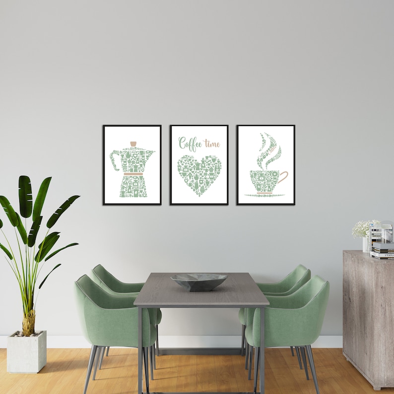Kitchen Wall Art Prints, Green Kitchen Decor, Set Of 3 Posters, Coffee Print, Green Dining Room Pictures, Coffee Lovers Gift, Modern Kitchen