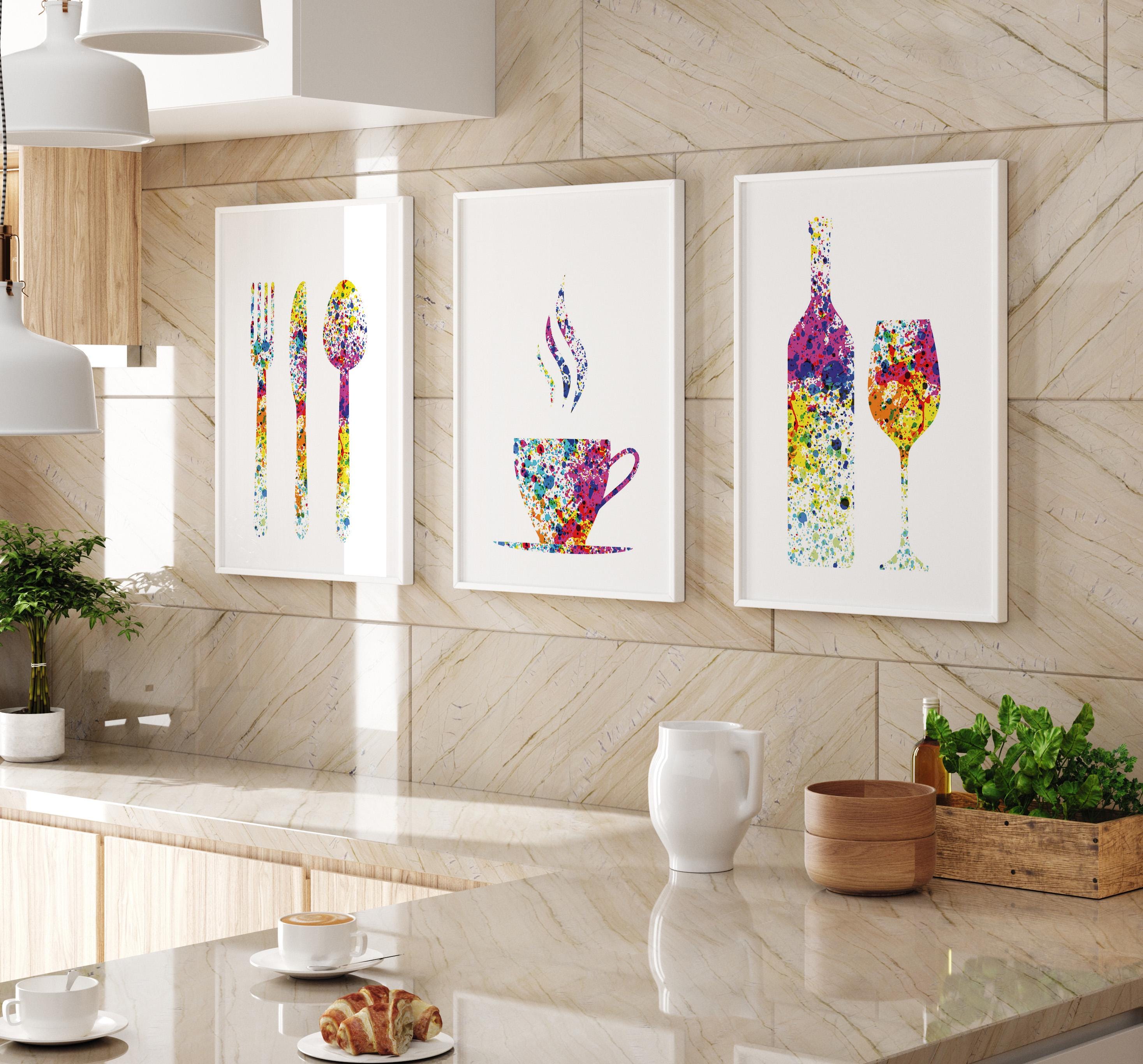 Abstract Kitchen Art Prints: Colourful Coffee, Wine, Cutlery - Set of 3 ...