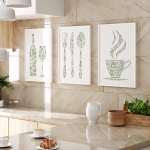 Kitchen Wall Art, Kitchen Prints Set Of 3, Sage Green Print, Green Kitchen Decor, Cutlery, Wine, Coffee, Prints For Kitchen Or Dining Room