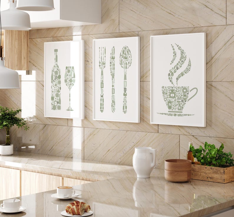 Kitchen Wall Art, Kitchen Prints Set Of 3, Sage Green Print, Green Kitchen Decor, Cutlery, Wine, Coffee, Prints For Kitchen Or Dining Room