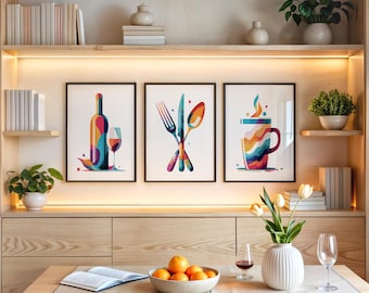 Kitchen Wall Art Prints, Set Of 3 Prints, Colourful Kitchen Prints, Abstract Art, Colourful Wall art For Kitchen Or Dining Room