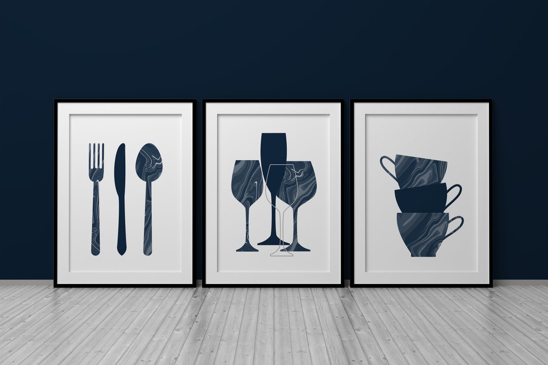 Navy Kitchen Wall Art Prints, Set of 3 Pictures, Navy Blue Kitchen