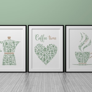 Kitchen Wall Art Prints, Green Kitchen Decor, Set Of 3 Posters, Coffee Print, Green Dining Room Pictures, Coffee Lovers Gift, Modern Kitchen