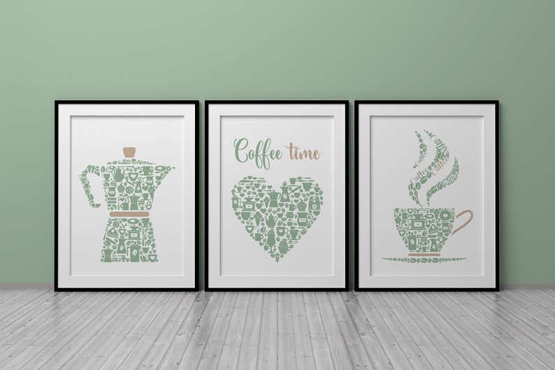 Kitchen Wall Art Prints, Green Kitchen Decor, Set Of 3 Posters, Coffee Print, Green Dining Room Pictures, Coffee Lovers Gift, Modern Kitchen