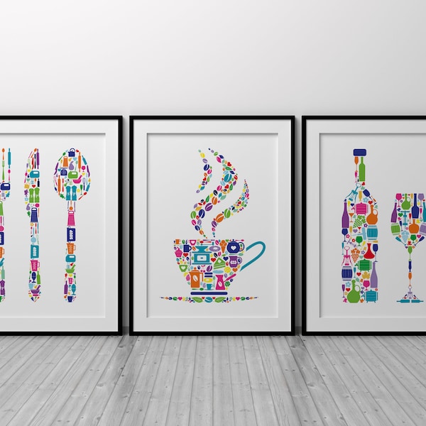 Kitchen Wall Art Prints, Set Of 3 Posters, Colourful Kitchen Decor, Abstract Dining Room Decor, Modern Kitchen Prints, Coffee, Wine, Cutlery