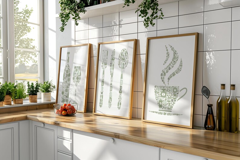 Kitchen Wall Art, Kitchen Prints Set Of 3, Sage Green Print, Green Kitchen Decor, Cutlery, Wine, Coffee, Prints For Kitchen Or Dining Room