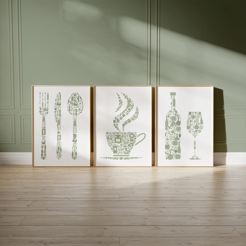 Kitchen Wall Art, Kitchen Prints Set Of 3, Sage Green Print, Green Kitchen Decor, Cutlery, Wine, Coffee, Prints For Kitchen Or Dining Room