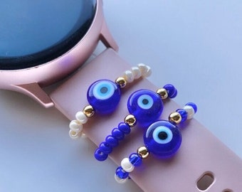 Evil Eye Halo Watch Charm, 14k plated gold, watch accessories, protection from evil, Beaded Watch Ring, gifts for mom, good luck charm